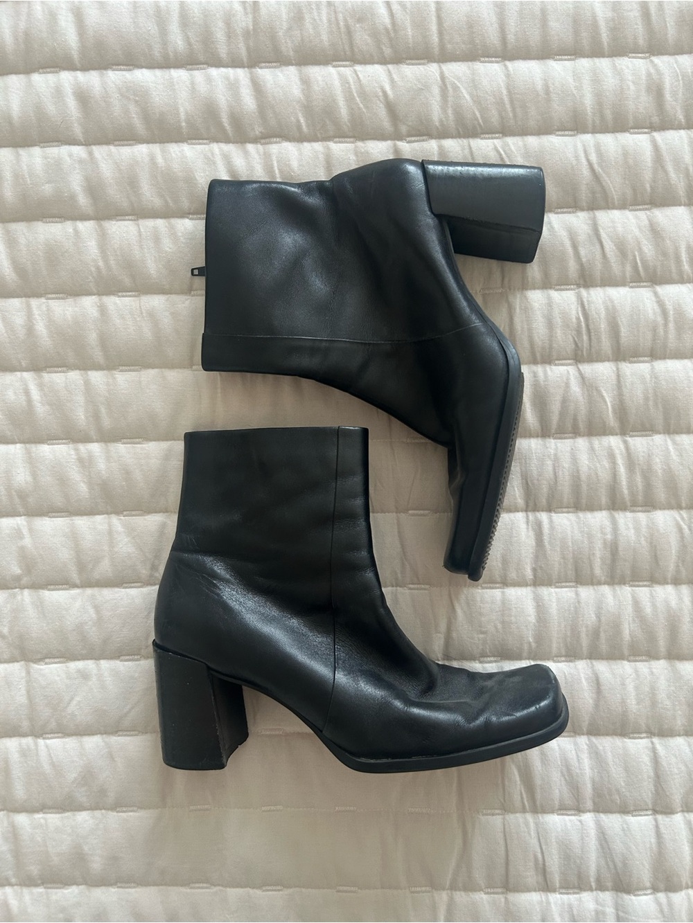 Vintage 90s Black Leather Block Heel Ankle Boots